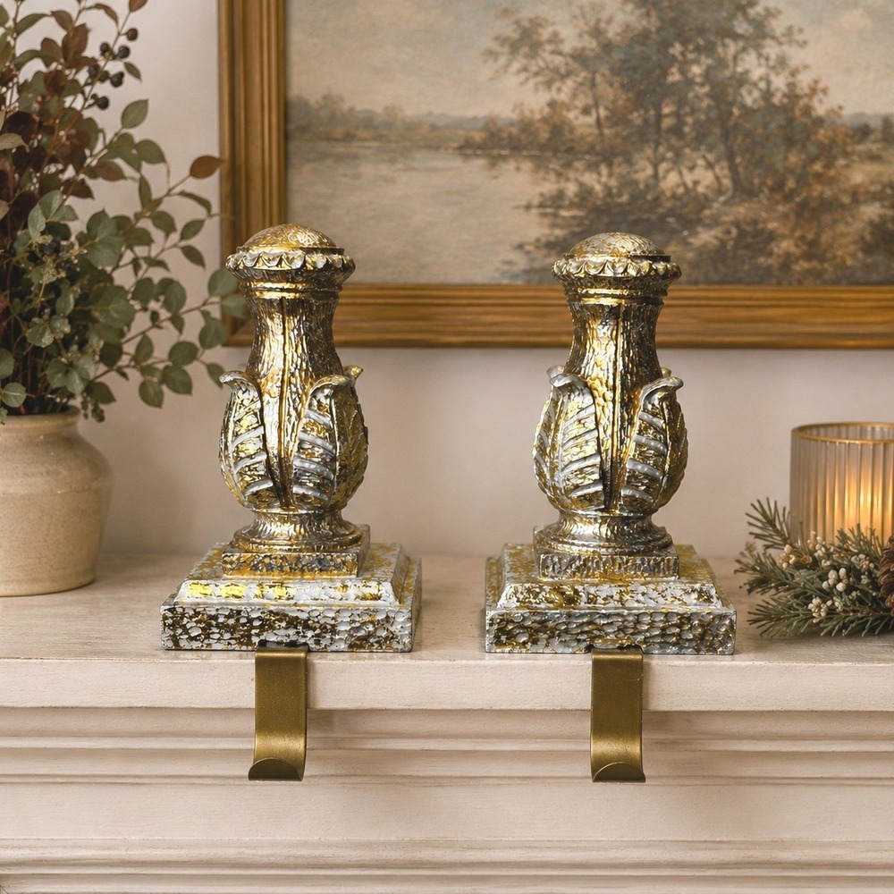 Mantel Stocking Holders Pair Vintage Victorian‎ Gold Silver Decorative Hooks
